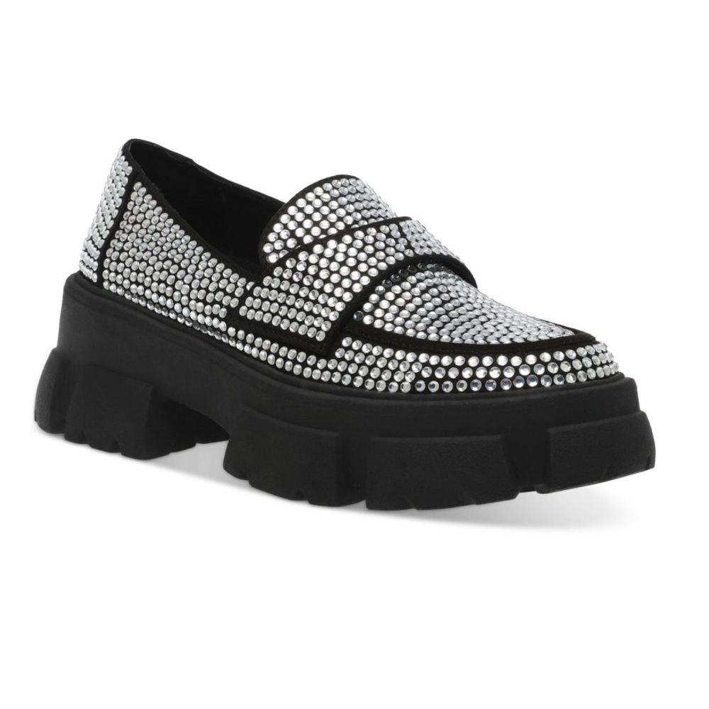 STEVE MADDEN Womens Rhinestone chunky Trifecta Round Toe Slip On Loafers 9.5